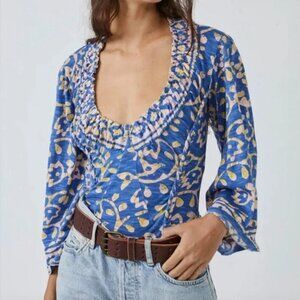 Free People On the Block Bell Sleeve Top Blouse Shirt Cotton Boho Blue Medium